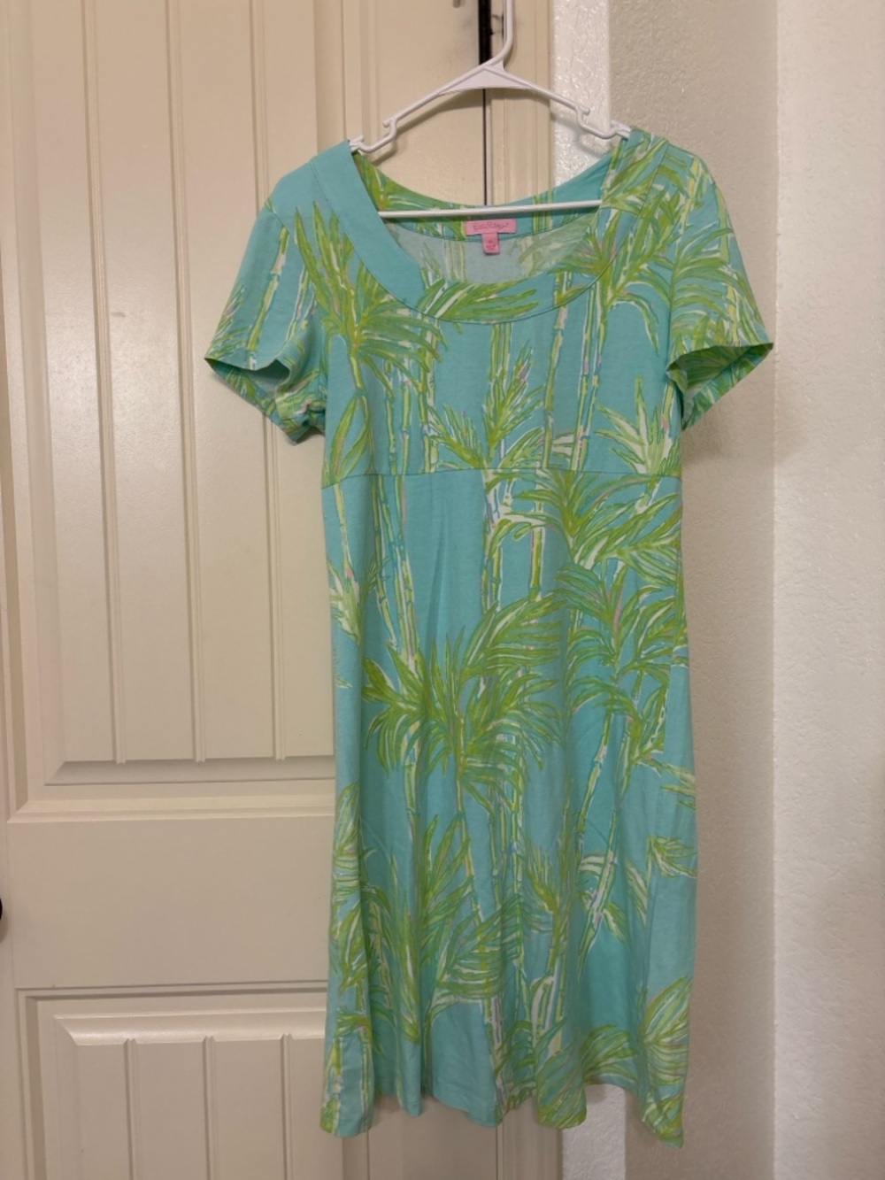 Lilly Pulitzer Kelsea Shift Dress Medium Blue Green Bamboo Palm Print Stretch